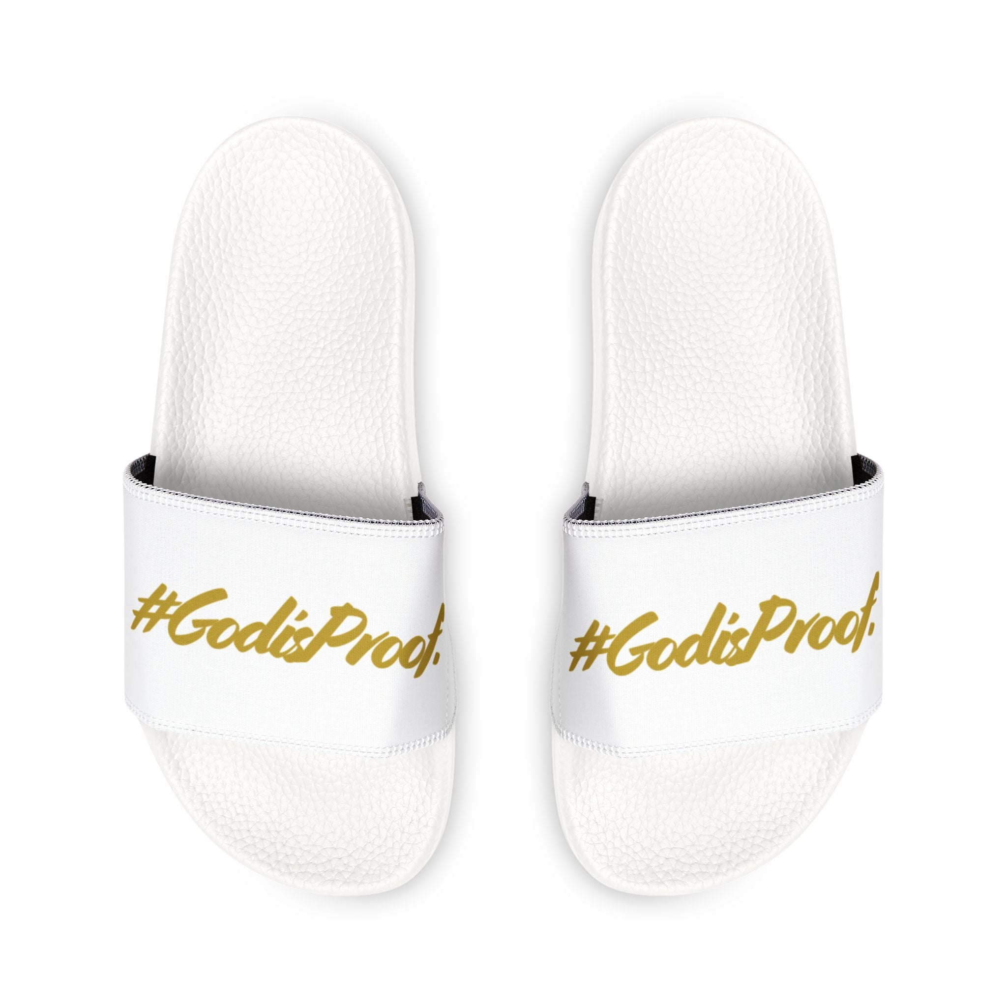 Men's Slide Sandals — White Removable-Strap Slides with Gold Script