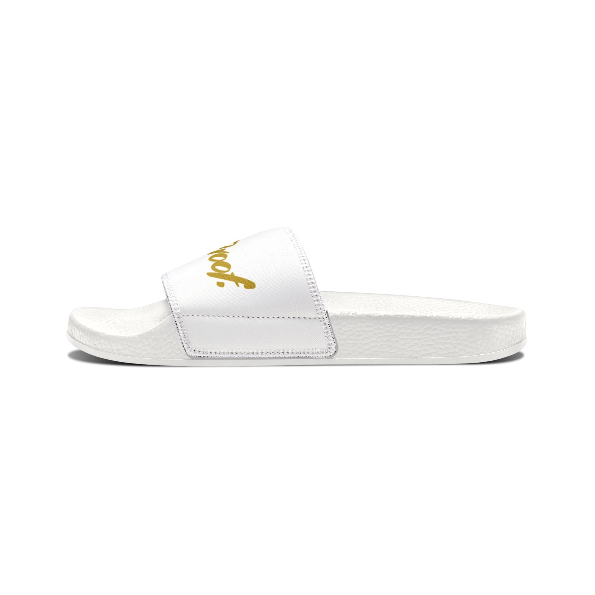Men's Slide Sandals — White Removable-Strap Slides with Gold Script